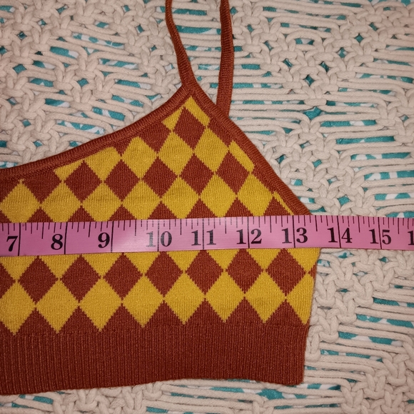 Cider~Houndstooth Checkered Crop Top Retro 90's Inspired Mustard Yellow Brown - Picture 7 of 15